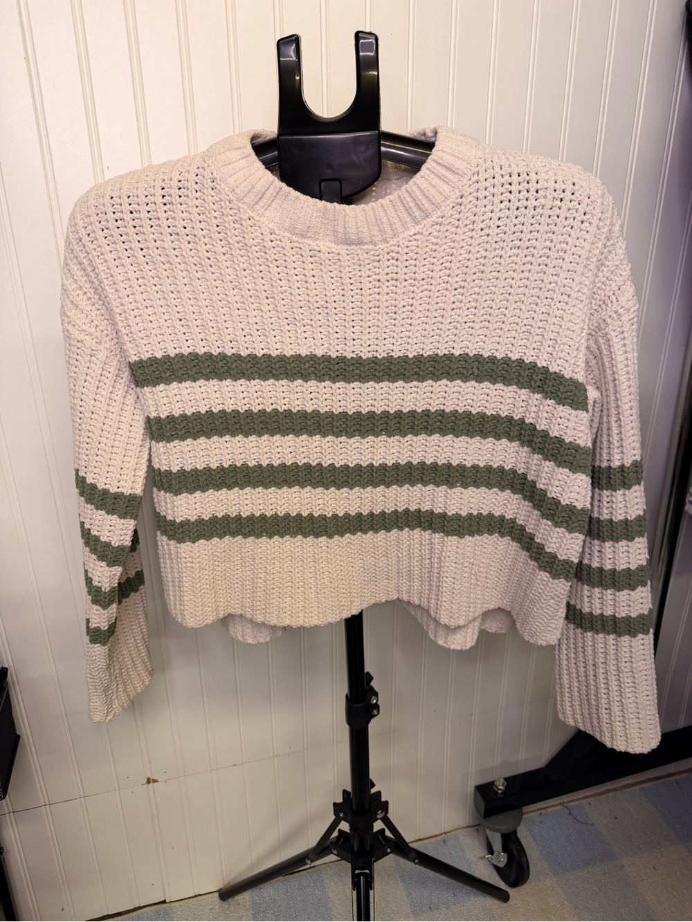 Pink Rose Cream Sweater with Olive Green Stripes